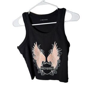 Harley Davidson Tank Top Women's Medium Cropped Angel Wings Black Ribbed